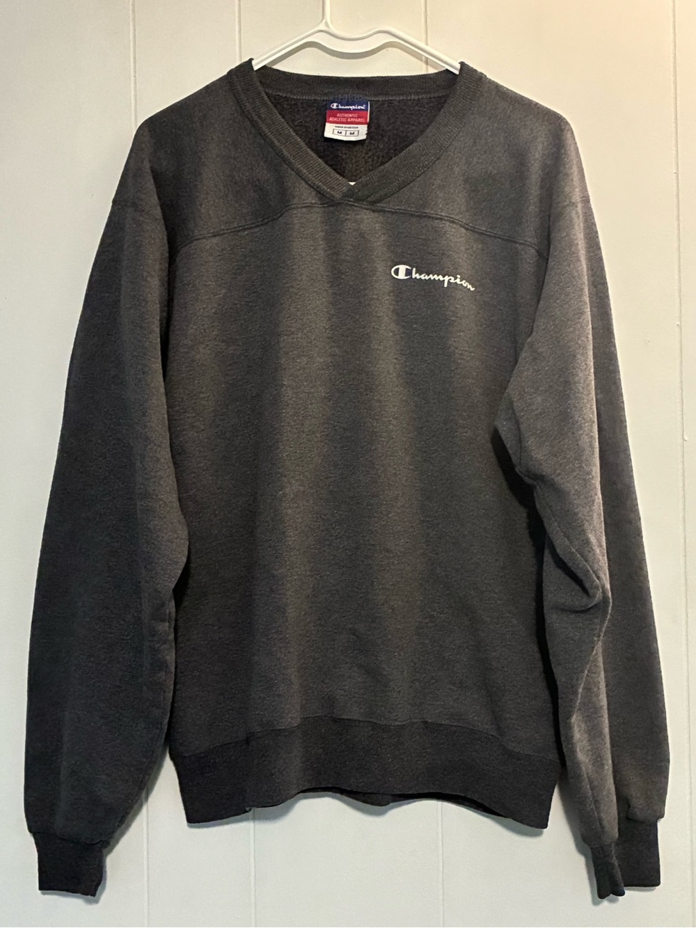 Vintage Champion Men's Charcoal V-Neck Pullover with Script Logo Made in Mexico